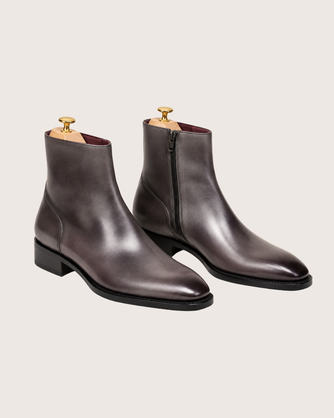 Gray patina zipper boots