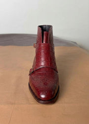 red crocodile monk strap boots for men, genuine skin, handmade