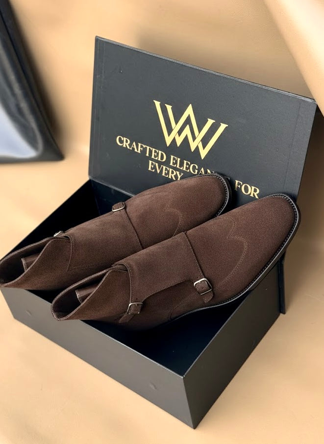 Dark brown suede monkstrap boots