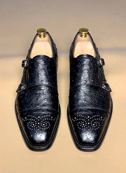 Full quill pattern running unbroken across the vamp of a dark brown ostrich wholecut