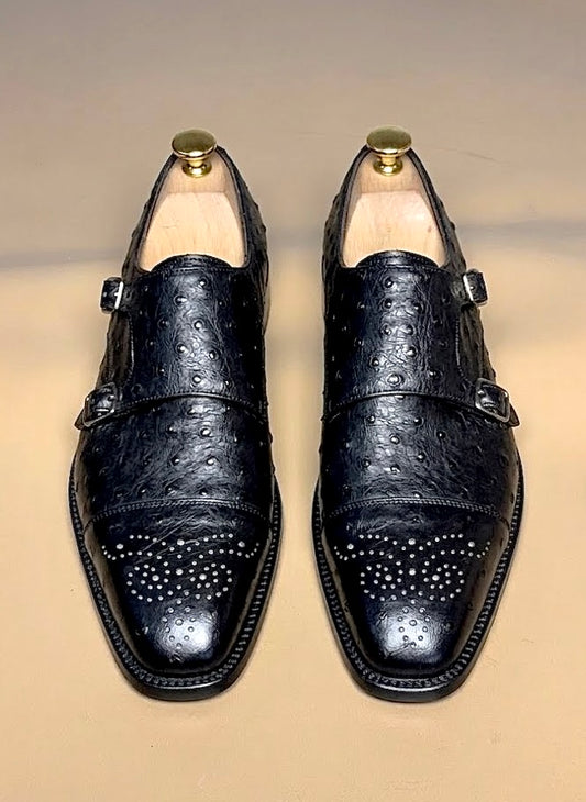 Black ostrich skin monkstrap