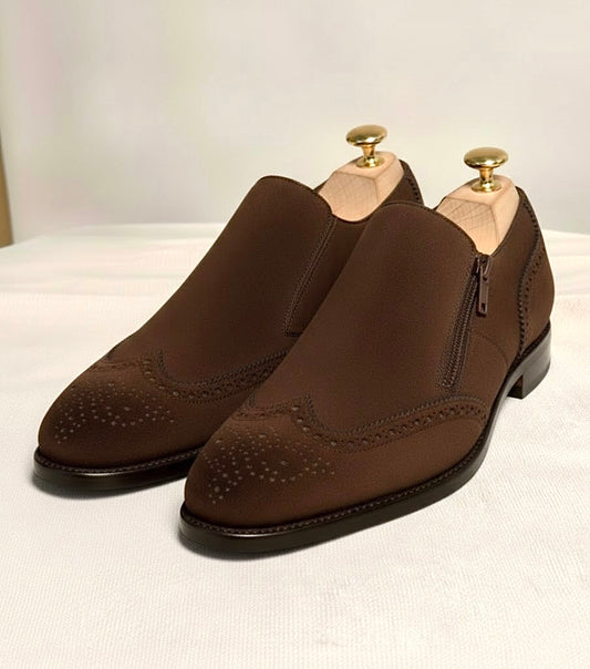 Dark brown suede zipper brogue
