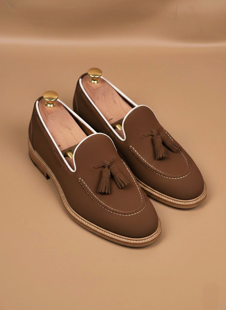 Brown crocodile penny loafers