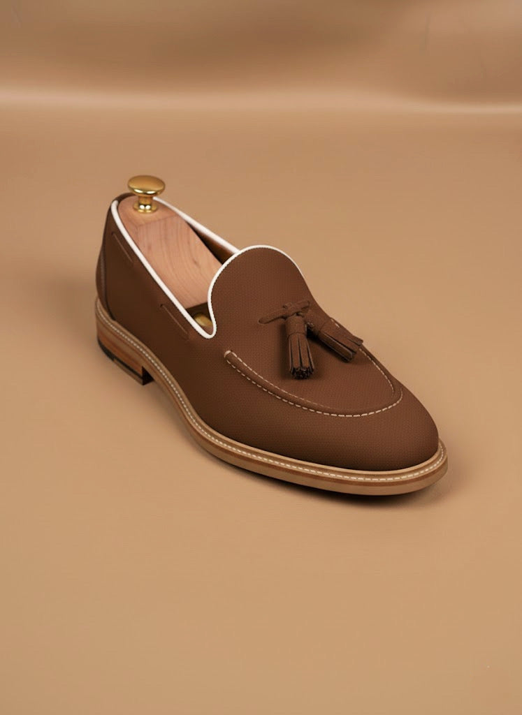Brown crocodile penny loafers
