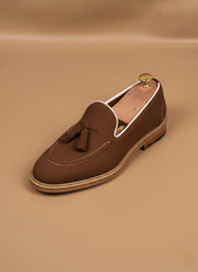 Brown suede tassel loafers
