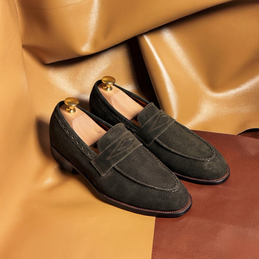 Green suede penny loafers