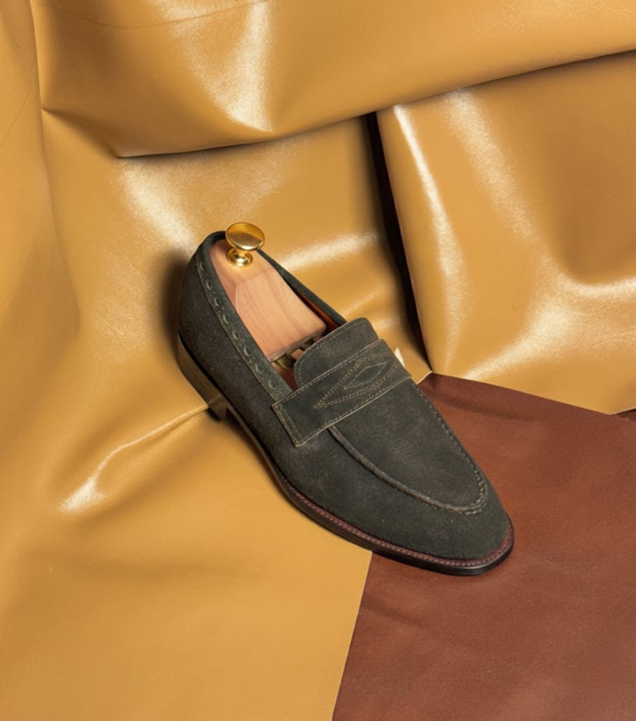 Green suede penny loafers