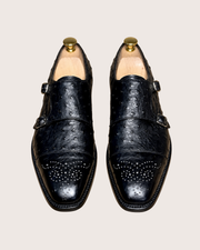 Pair of men's dark brown ostrich wholecut oxfords, made to order in US widths