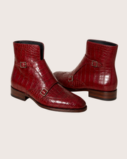 red crocodile monk strap boots for men, genuine skin, handmade