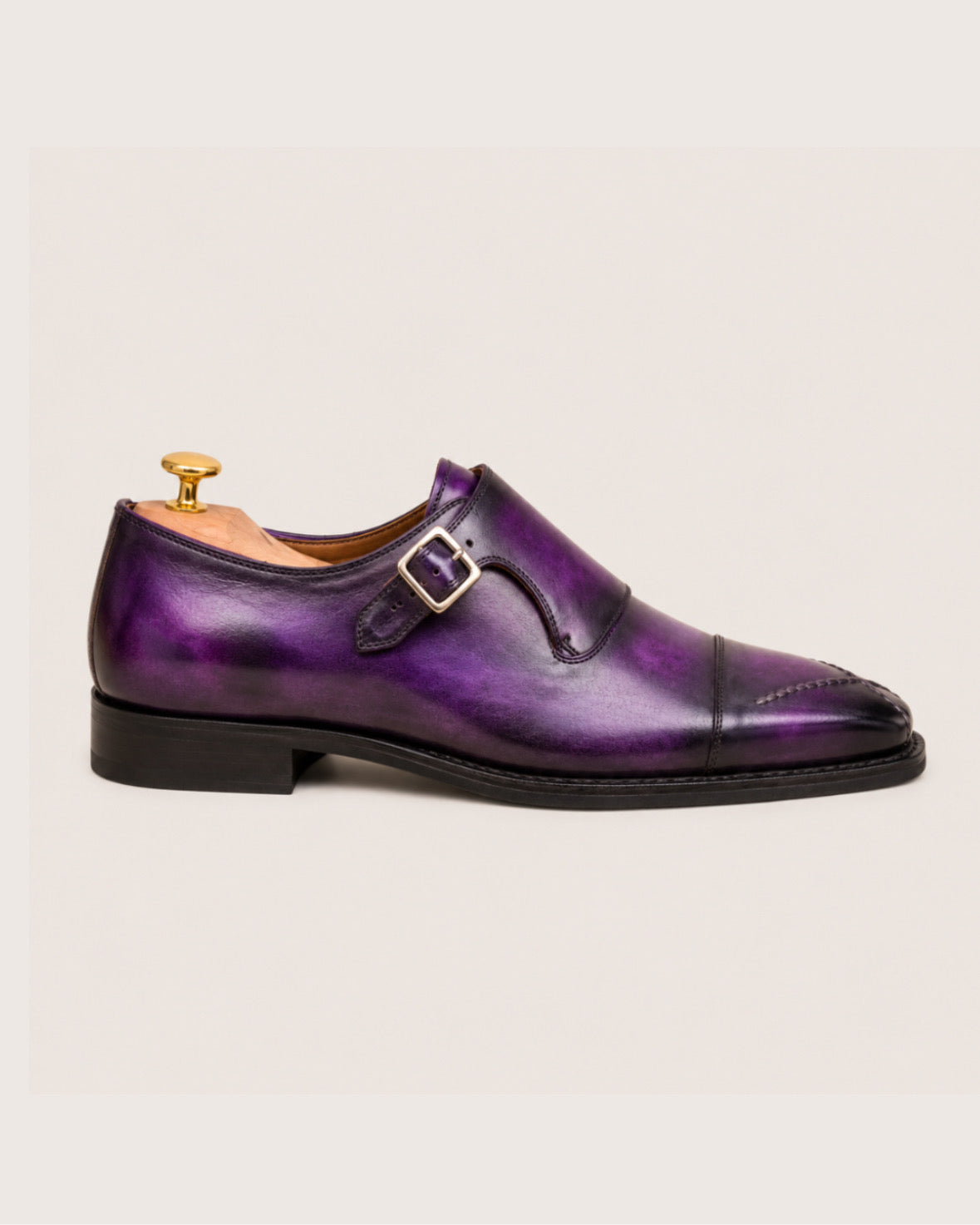 Purple patina cross stitched toe monkstrap