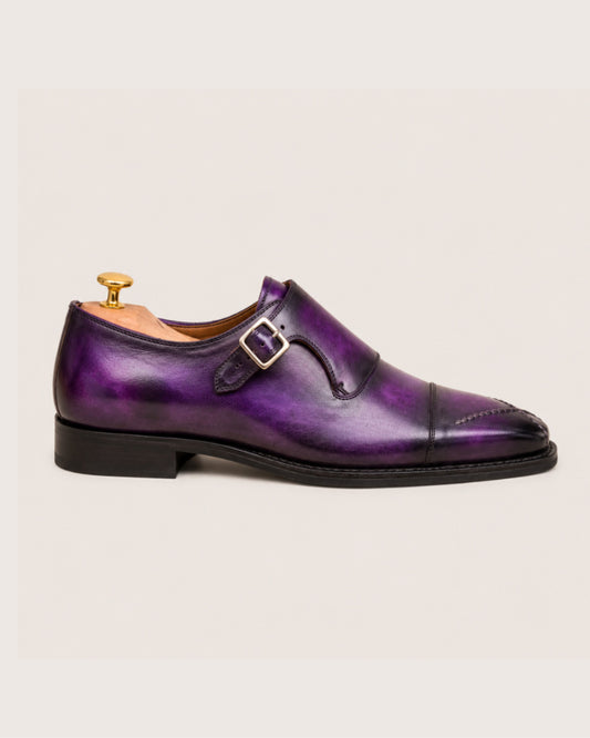 Purple patina cross stitched toe monkstrap