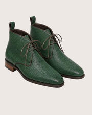 Open lacing on a green stingray derby boot, five eyelets