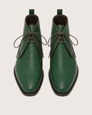 Green stingray derby boots for men, three-quarter view showing polished pearl stingray