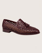 burgundy intrecciato woven tassel loafers for men, handmade