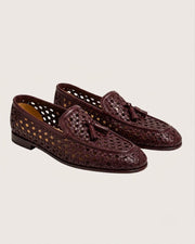 burgundy intrecciato woven tassel loafers for men, handmade