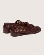 burgundy intrecciato woven tassel loafers for men, handmade