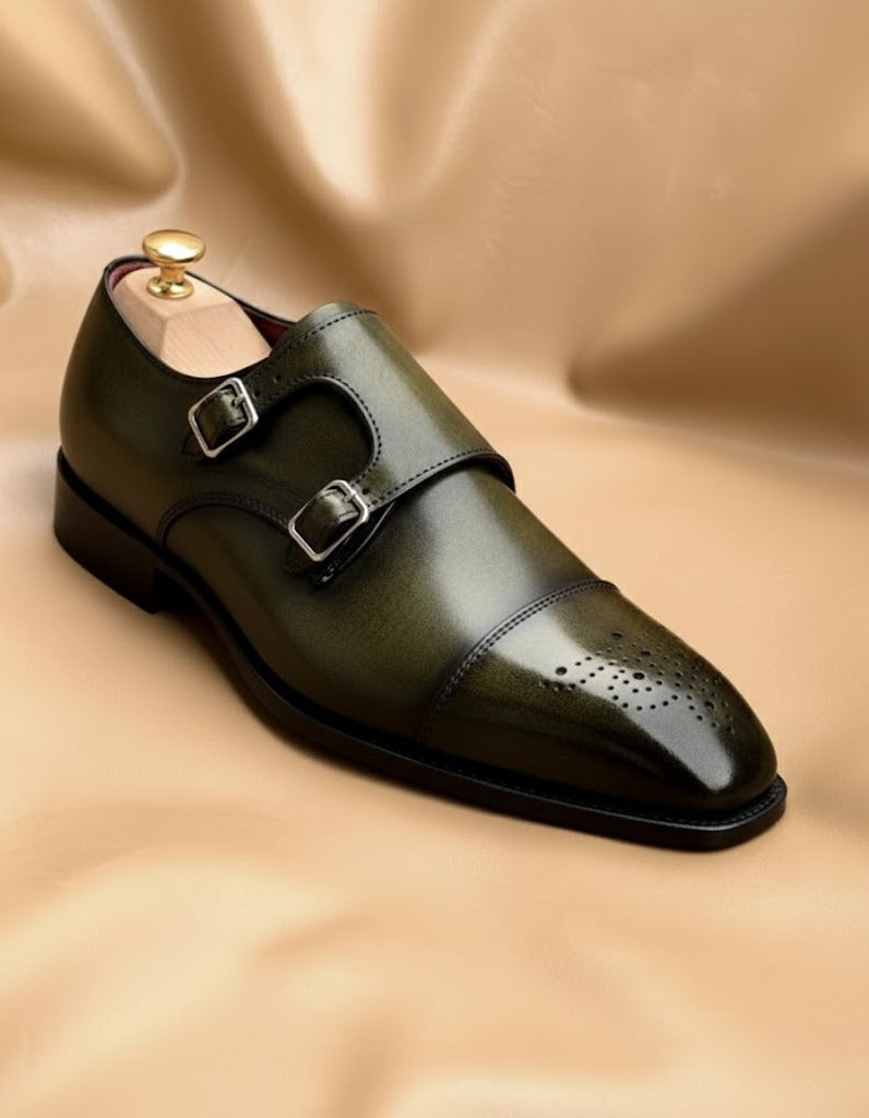 Olive green patina monk-strap