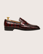 Red crocodile penny loafers