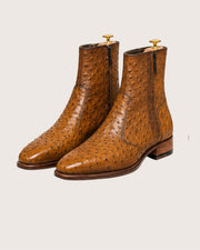 tan ostrich texture zipper boots for men, embossed calf, handmade