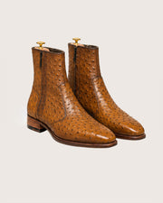 tan ostrich texture zipper boots for men, embossed calf, handmade