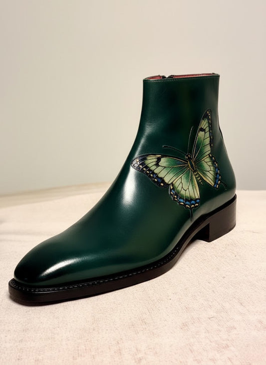 Green patina butterfly zipper boots
