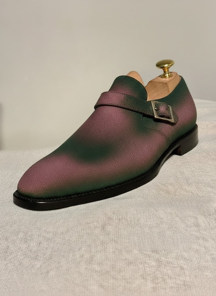 Pink and green patina suede monk strap