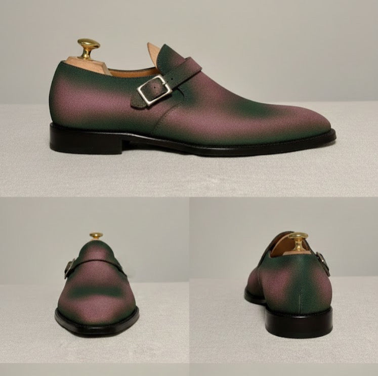 Pink and green patina suede monk strap