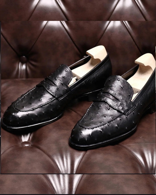 Black ostrich skin penny loafers