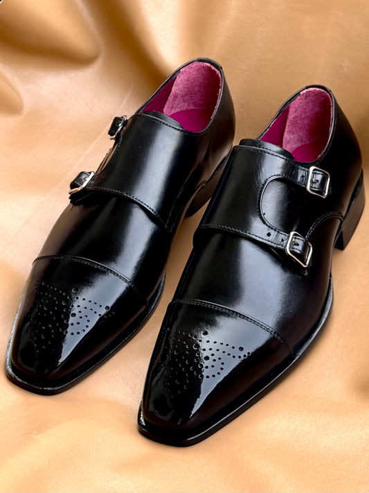 Black semi brogue double monkstrap