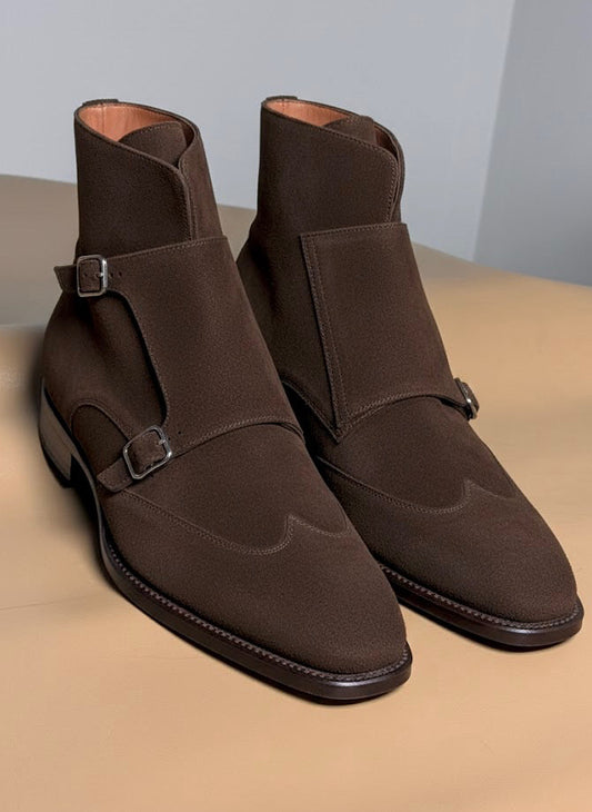 Dark brown suede monkstrap boots