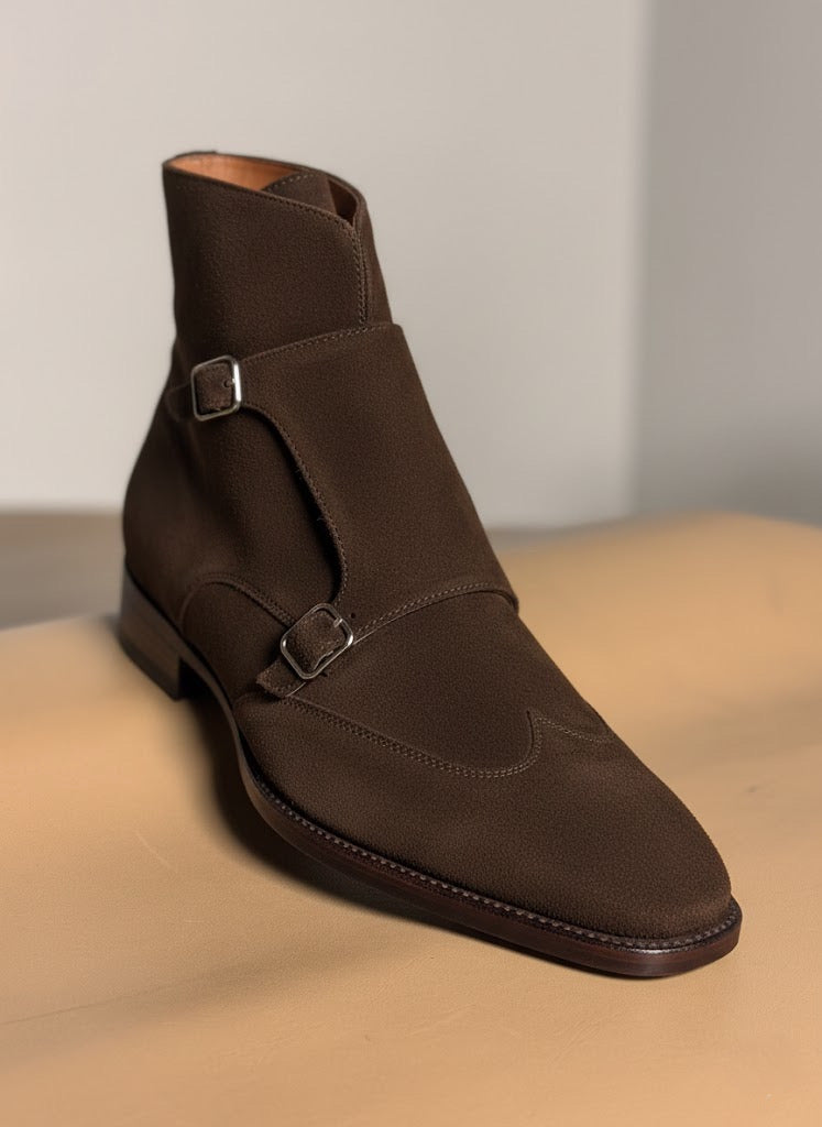 Dark brown suede monkstrap boots