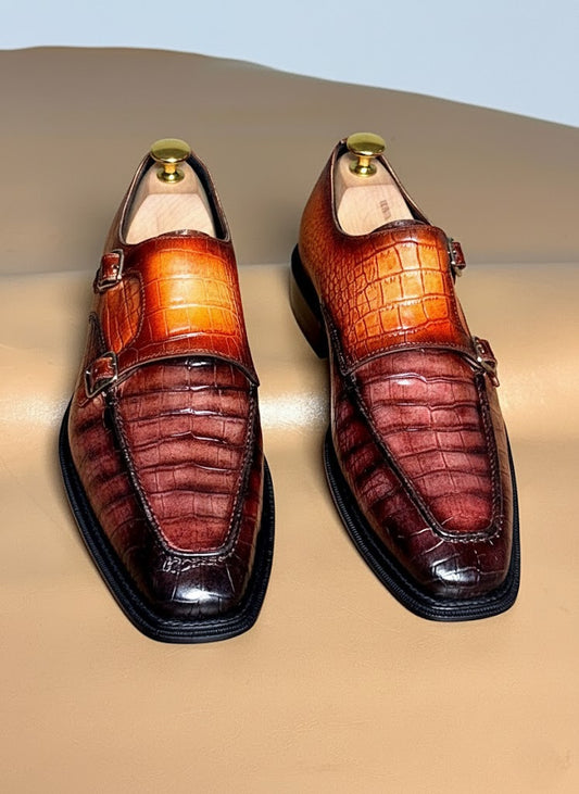 Patina crocodile double monkstrap