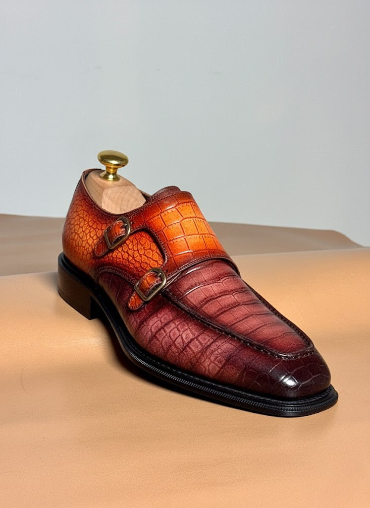 Patina crocodile double monkstrap